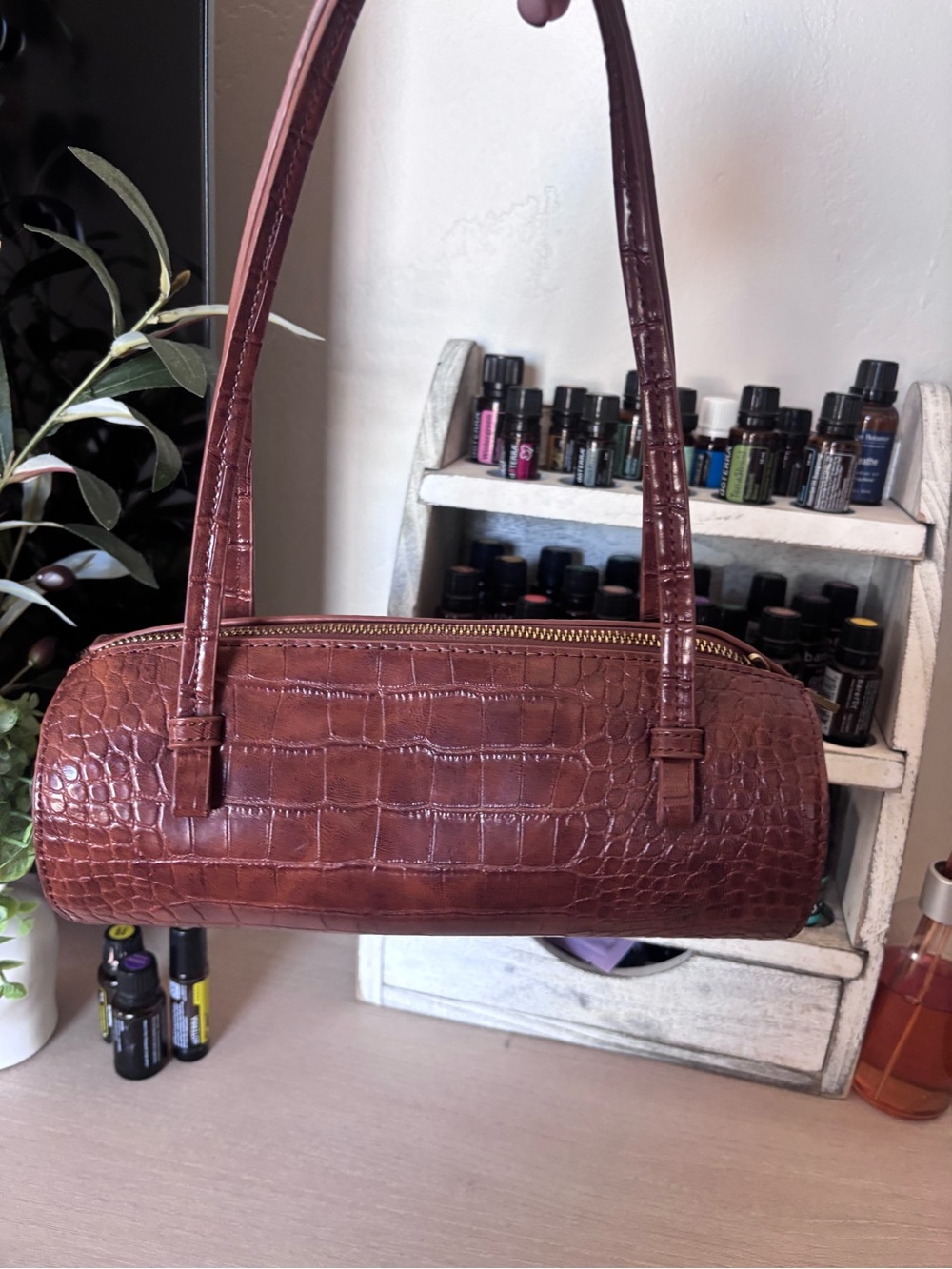 Anthropologie Croc-Embossed Barrel Shoulder Bag -